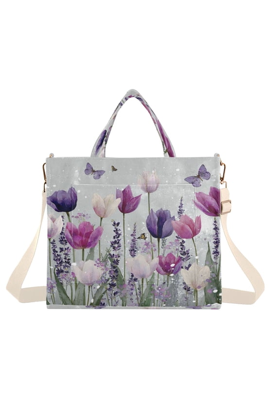Corduroy Tote Bag for Women Shoulder Handbags Fashion Ladies Purses Satchel Messenger Bags Colorful Tulips and Lavender S