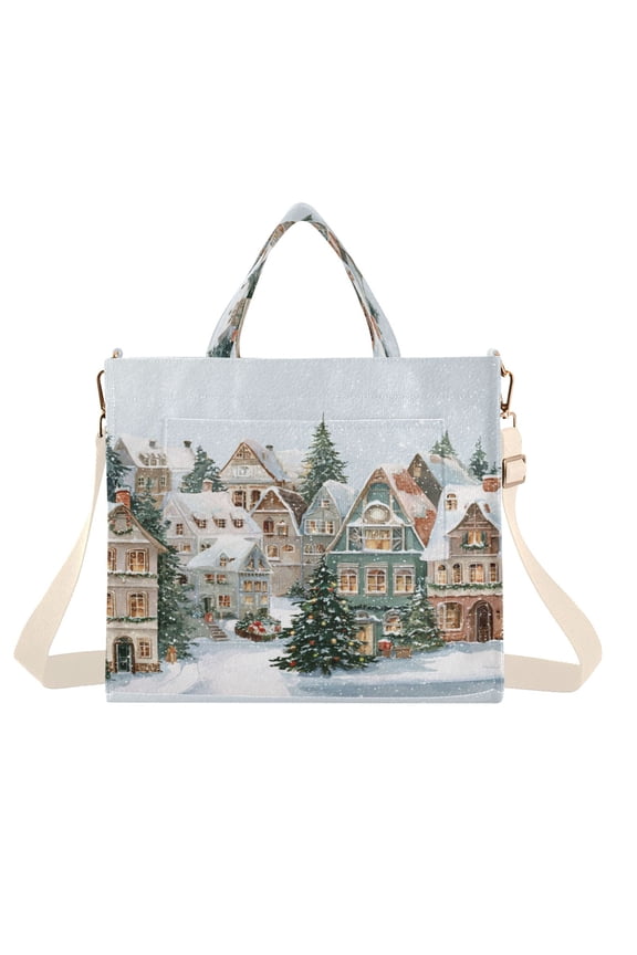 Corduroy Tote Bag for Women Shoulder Handbags Fashion Ladies Purses Satchel Messenger Bags Cozy Winter Town with Snow S