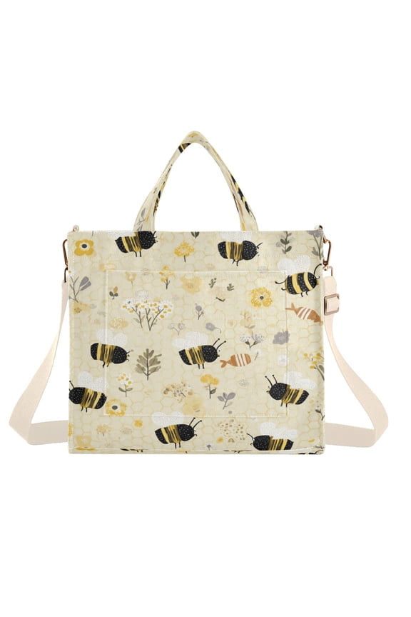 Corduroy Tote Bag for Women Shoulder Handbags Fashion Ladies Purses Satchel Messenger Bags Cute Bees and Honeycomb Pattern S