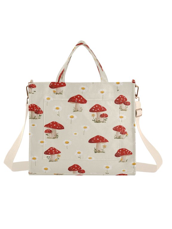 Corduroy Tote Bag for Women Shoulder Handbags Fashion Ladies Purses Satchel Messenger Bags Cute Mushroom Pattern with Daisies S