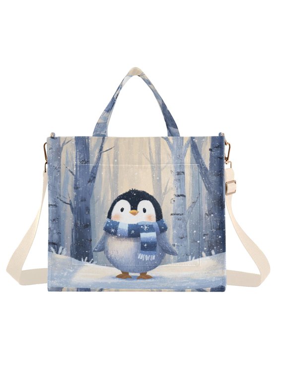 Corduroy Tote Bag for Women Shoulder Handbags Fashion Ladies Purses Satchel Messenger Bags Cute Penguin in Winter S