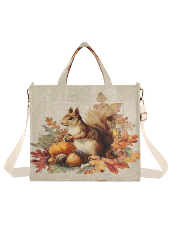 Corduroy Tote Bag for Women Shoulder Handbags Fashion Ladies Purses Satchel Messenger Bags Cute Squirrel with Acorns S