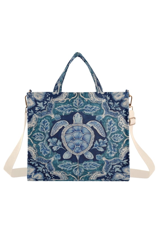 Corduroy Tote Bag for Women Shoulder Handbags Fashion Ladies Purses Satchel Messenger Bags Dark Teal Turtle Pattern M