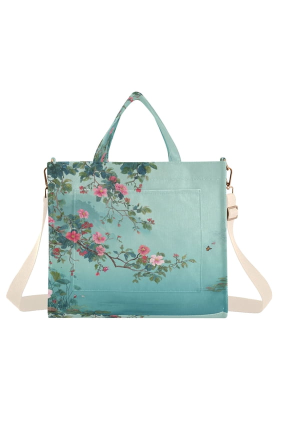 Corduroy Tote Bag for Women Shoulder Handbags Fashion Ladies Purses Satchel Messenger Bags Flowers and Butterflies Flying M