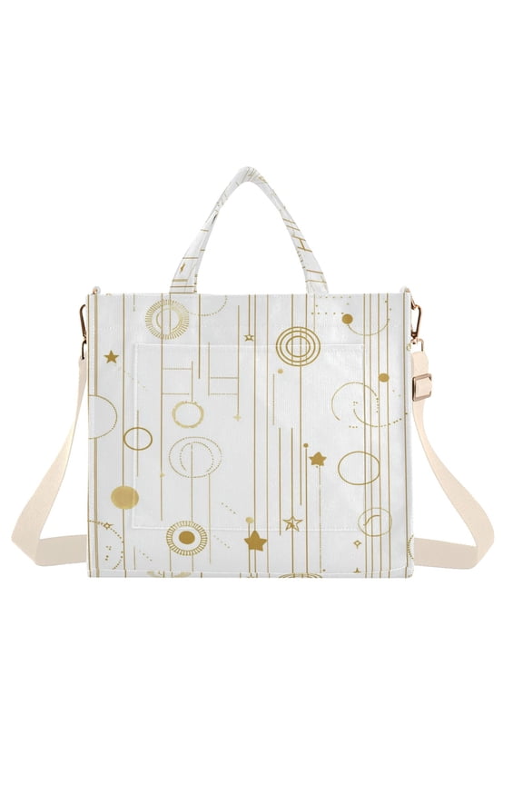 Corduroy Tote Bag for Women Shoulder Handbags Fashion Ladies Purses Satchel Messenger Bags Gold and White Geometric Pattern S