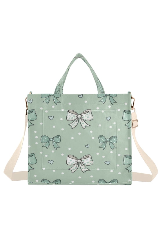 Corduroy Tote Bag for Women Shoulder Handbags Fashion Ladies Purses Satchel Messenger Bags Green and Mint Bows S