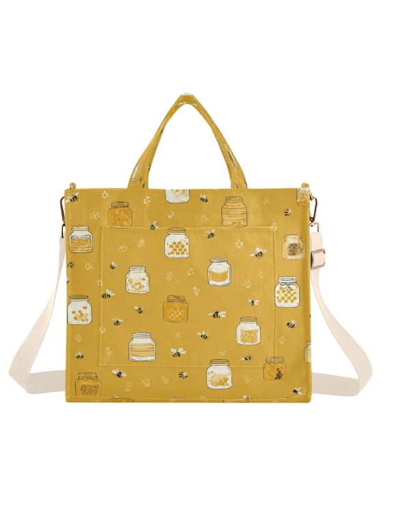 Corduroy Tote Bag for Women Shoulder Handbags Fashion Ladies Purses Satchel Messenger Bags Honey Jars and Bees Pattern S