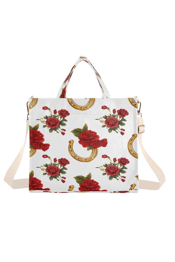 Corduroy Tote Bag for Women Shoulder Handbags Fashion Ladies Purses Satchel Messenger Bags Horseshoe Pattern with Red Roses S