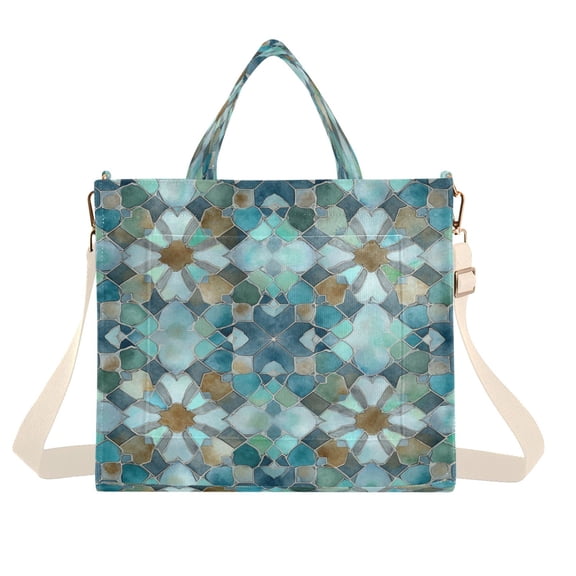 Corduroy Tote Bag for Women Shoulder Handbags Fashion Ladies Purses Satchel Messenger Bags Intricate Blue Block Pattern S