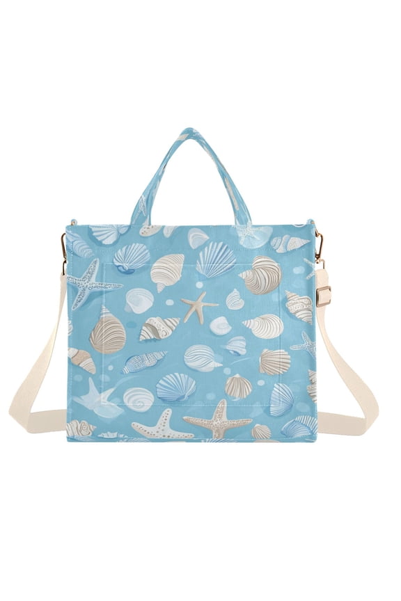 Corduroy Tote Bag for Women Shoulder Handbags Fashion Ladies Purses Satchel Messenger Bags Light Blue Seashells and Starfish M