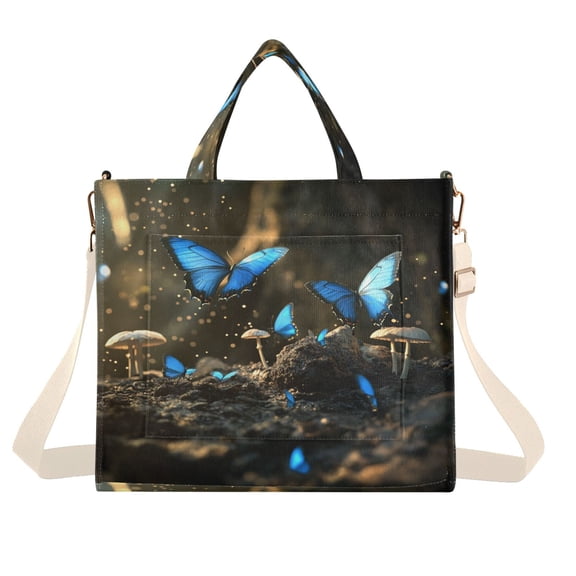 Corduroy Tote Bag for Women Shoulder Handbags Fashion Ladies Purses Satchel Messenger Bags Many Blue Butterfly M