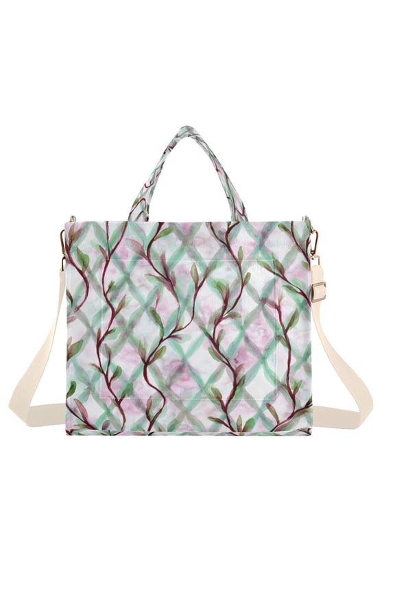 Corduroy Tote Bag for Women Shoulder Handbags Fashion Ladies Purses Satchel Messenger Bags Mint Green Vines M