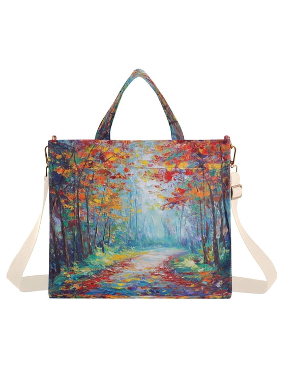 Corduroy Tote Bag for Women Shoulder Handbags Fashion Ladies Purses Satchel Messenger Bags Orange Autumn Forest M