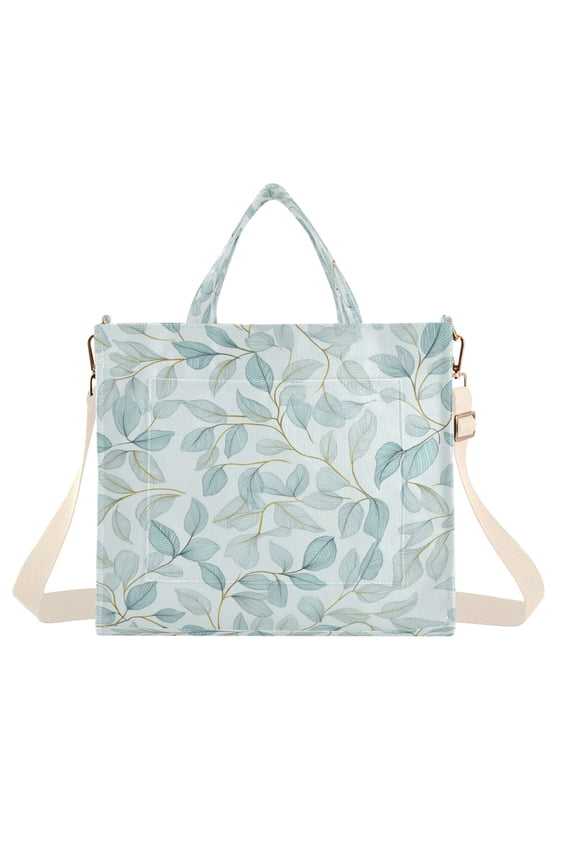 Corduroy Tote Bag for Women Shoulder Handbags Fashion Ladies Purses Satchel Messenger Bags Pastel Mint Green Leaves S
