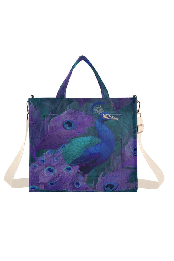 Corduroy Tote Bag for Women Shoulder Handbags Fashion Ladies Purses Satchel Messenger Bags Peacock Pattern S