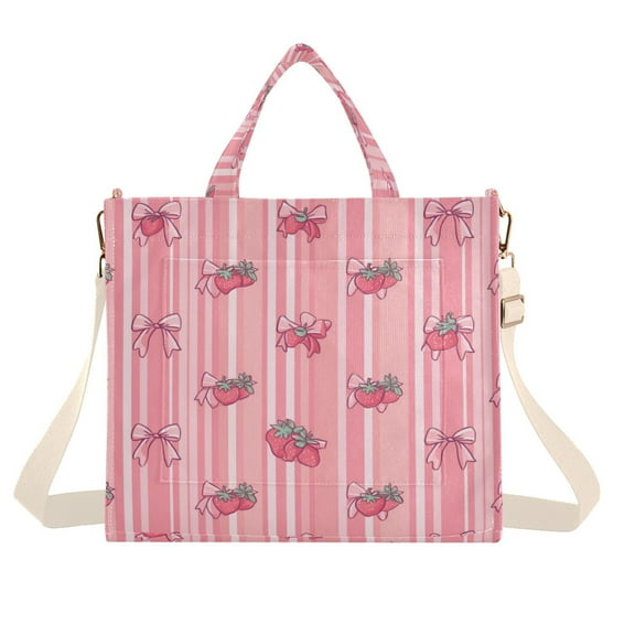 Corduroy Tote Bag for Women Shoulder Handbags Fashion Ladies Purses Satchel Messenger Bags Pink Bows and Strawberries S