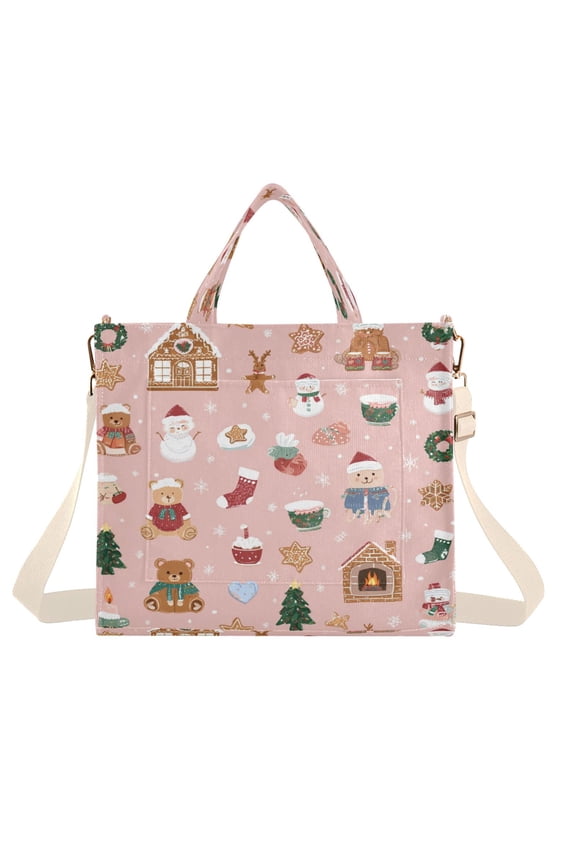 Corduroy Tote Bag for Women Shoulder Handbags Fashion Ladies Purses Satchel Messenger Bags Pink Cute Christmas Icons S