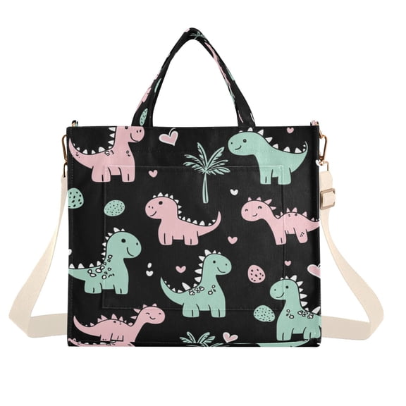 Corduroy Tote Bag for Women Shoulder Handbags Fashion Ladies Purses Satchel Messenger Bags Pink and Green Dinosaurs M