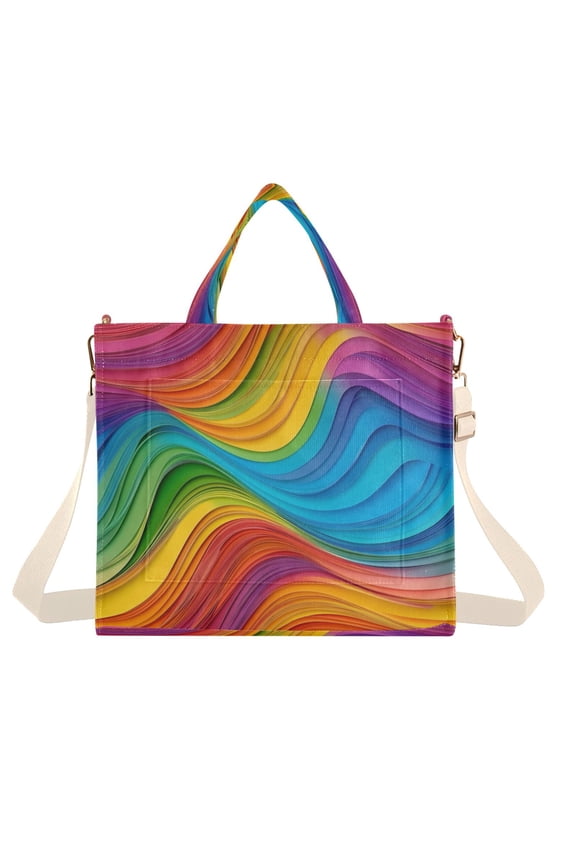 Corduroy Tote Bag for Women Shoulder Handbags Fashion Ladies Purses Satchel Messenger Bags Rainbow Wavy Lines S