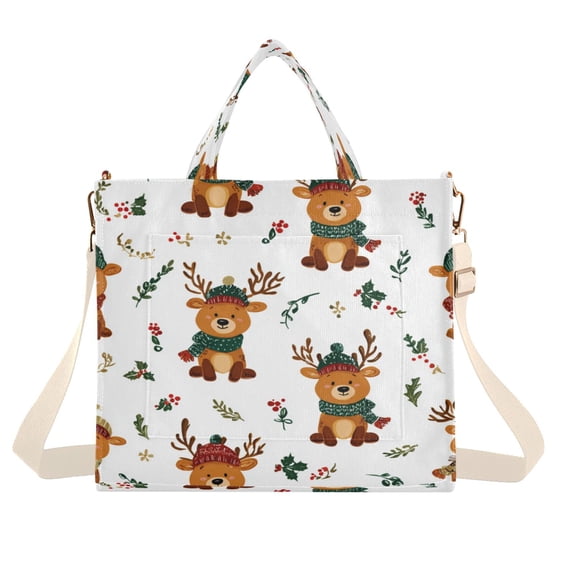 Corduroy Tote Bag for Women Shoulder Handbags Fashion Ladies Purses Satchel Messenger Bags Reindeer with Scarf Pattern M