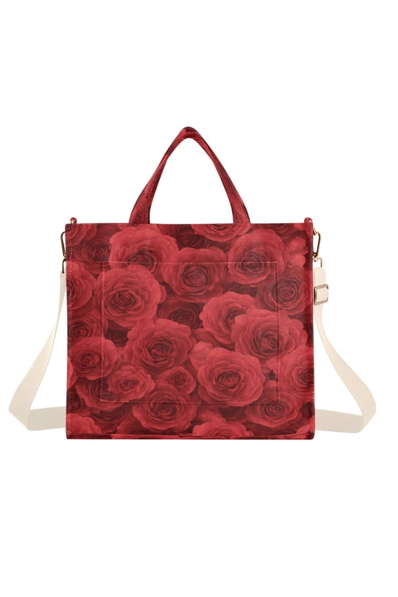 Corduroy Tote Bag for Women Shoulder Handbags Fashion Ladies Purses Satchel Messenger Bags Romantic Red Roses in Rows M