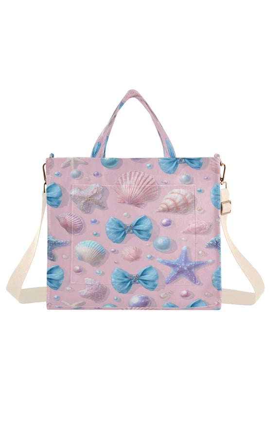 Corduroy Tote Bag for Women Shoulder Handbags Fashion Ladies Purses Satchel Messenger Bags Seashells and Bows S