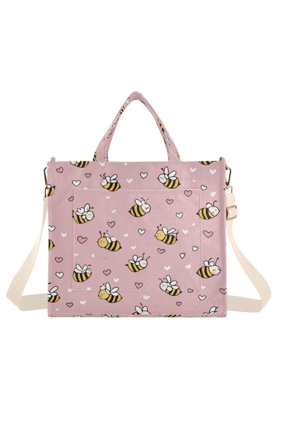 Corduroy Tote Bag for Women Shoulder Handbags Fashion Ladies Purses Satchel Messenger Bags Small Heart and Bee Patterns S