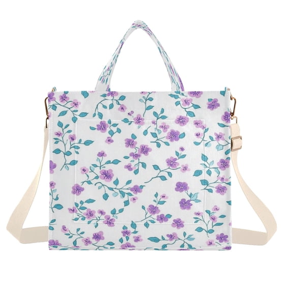 Corduroy Tote Bag for Women Shoulder Handbags Fashion Ladies Purses Satchel Messenger Bags Small Pastel Purple Floral S