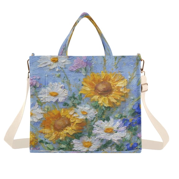 Corduroy Tote Bag for Women Shoulder Handbags Fashion Ladies Purses Satchel Messenger Bags Sunflowers and Daisies M