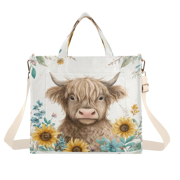 Corduroy Tote Bag for Women Shoulder Handbags Fashion Ladies Purses Satchel Messenger Bags Sunflowers and Highland Cow S