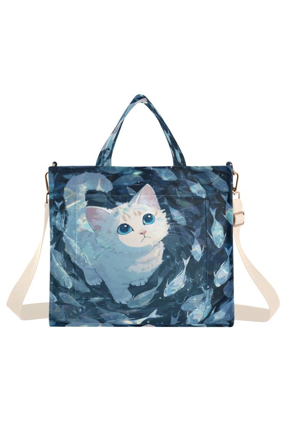 Corduroy Tote Bag for Women Shoulder Handbags Fashion Ladies Purses Satchel Messenger Bags Swirl Fish and Cat S