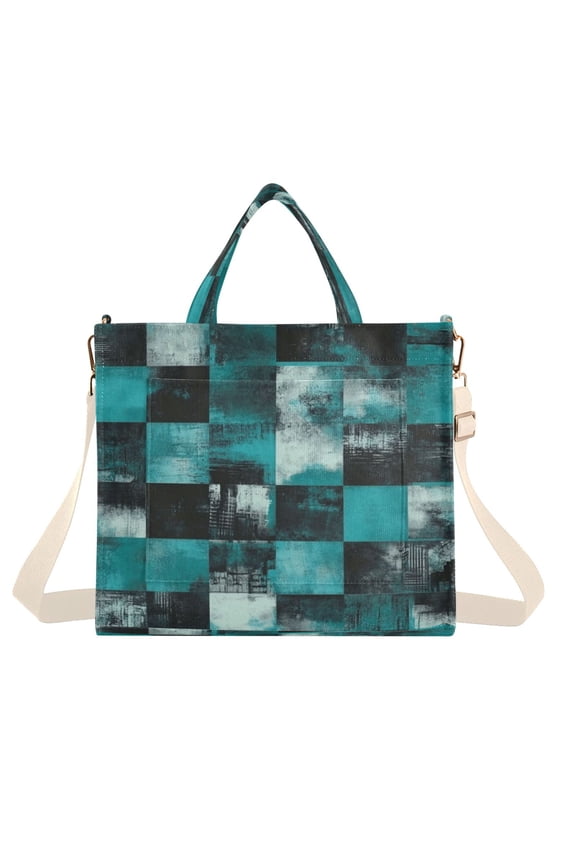 Corduroy Tote Bag for Women Shoulder Handbags Fashion Ladies Purses Satchel Messenger Bags Teal and Black Squares S