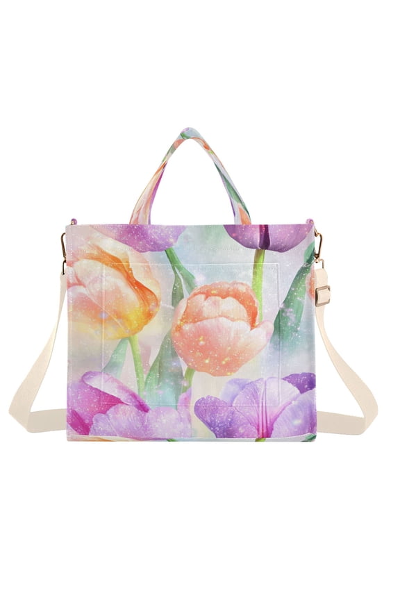 Corduroy Tote Bag for Women Shoulder Handbags Fashion Ladies Purses Satchel Messenger Bags Tulips Watercolor Art Style M