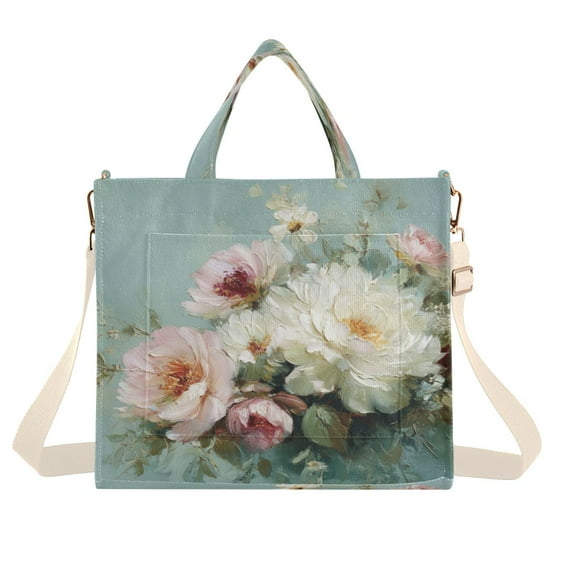 Corduroy Tote Bag for Women Shoulder Handbags Fashion Ladies Purses Satchel Messenger Bags Vintage Peonies and Daisies M