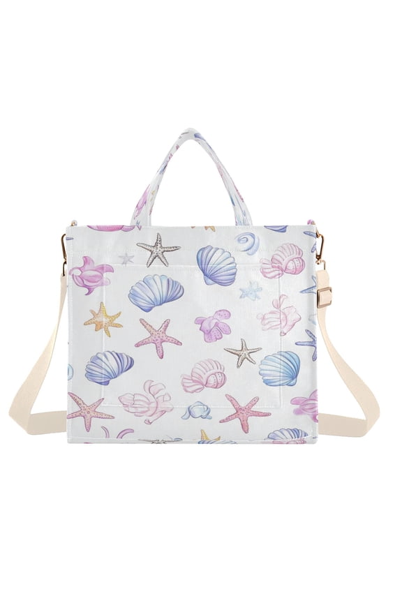 Corduroy Tote Bag for Women Shoulder Handbags Fashion Ladies Purses Satchel Messenger Bags Watercolor Seashells S