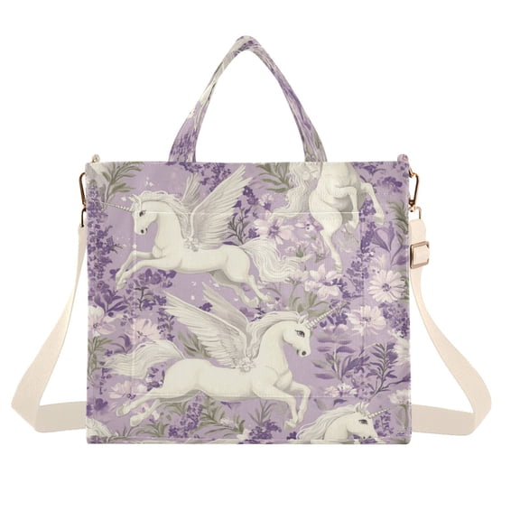 Corduroy Tote Bag for Women Shoulder Handbags Fashion Ladies Purses Satchel Messenger Bags White Unicorns and Pegasi M