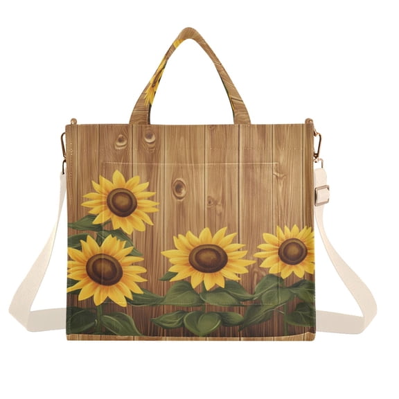 Corduroy Tote Bag for Women Shoulder Handbags Fashion Ladies Purses Satchel Messenger Bags Wooden Background with Sunflowers S