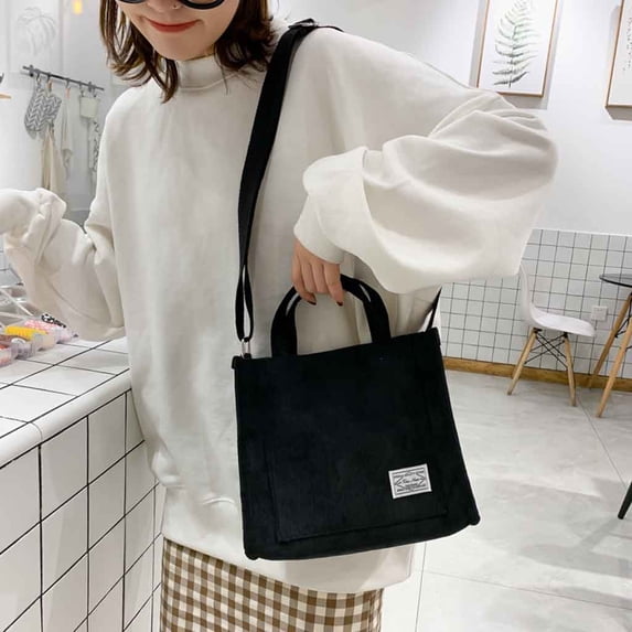 Corduroy Tote Bag for Women Work Crossbody Purse Fashion Handbag for Everyday College Travel Lightweight Shopping Bag with Adjustable Strap Black