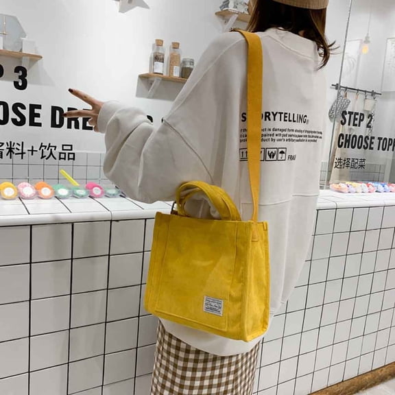 Corduroy Tote Bag for Women Work Crossbody Purse Fashion Handbag for Everyday College Travel Lightweight Shopping Bag with Adjustable Strap Yellow