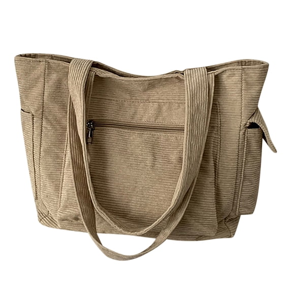 Corduroy Tote Bag for Women with Side Pockets Large Zipper Shoulder Purse Travel Gym Vacation Handbags