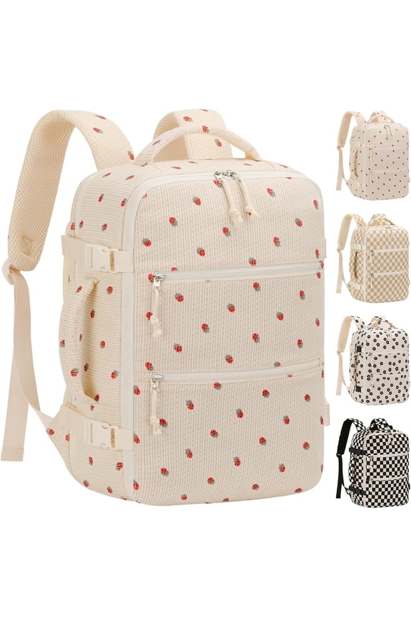 Corduroy Travel Backpack for Women, 15.6 Inch Womens Laptop Backpack TSA Approved Carry Backpack, Personal Item Backpack for Travel Work Business, Beige Strawberry