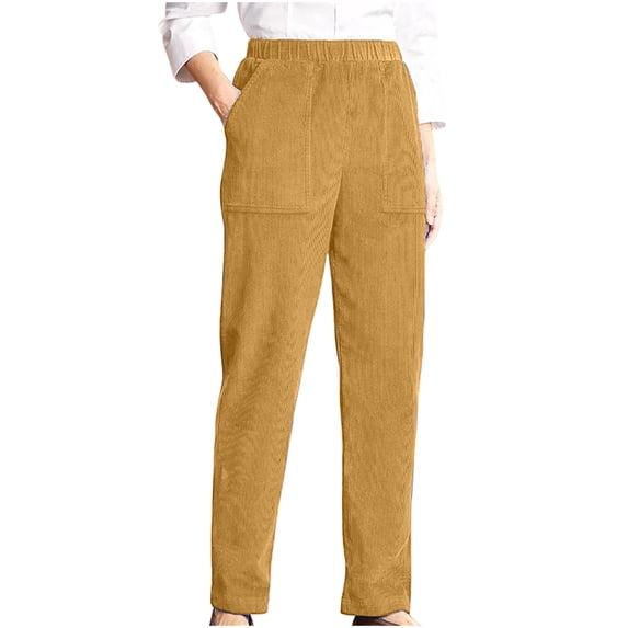 Corduroy Trousers for Women Straight Leg Elasticated Waist Work Pants Loose Fit Solid Colour Casual Trousers with Pockets Ladies Comfy Lounge Pants for Office Travel Going Out