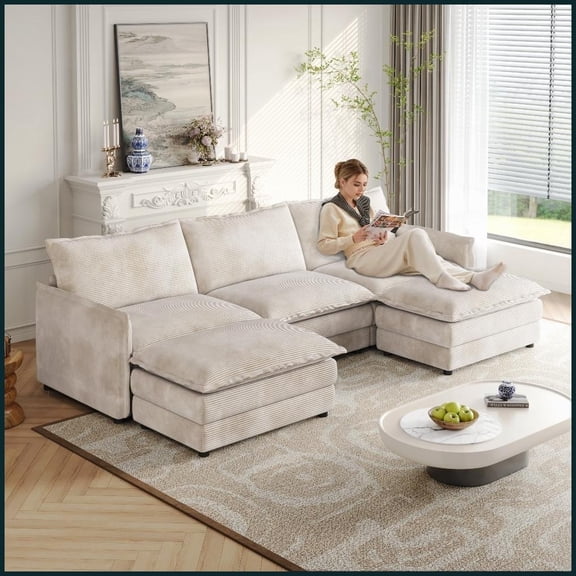 Corduroy U-Shaped 3-Seater Deep Seat Sofa with Movable Footrest - Solid Wood Frame for Living Room