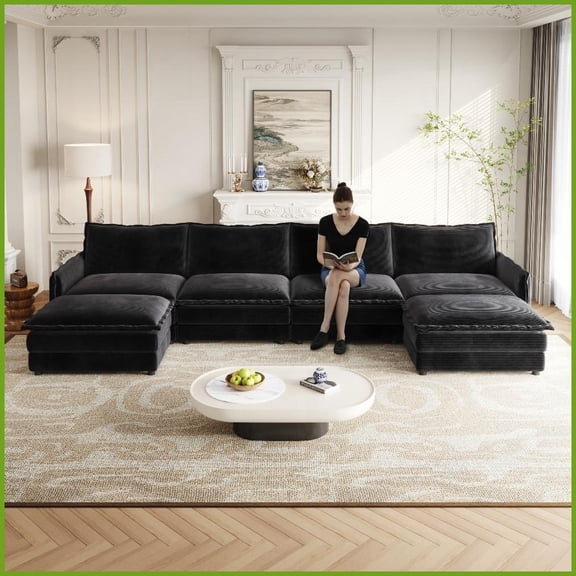 Corduroy U-Shaped 4-Seater Comfy Sofa with 2 Movable Footrests Oversized Deep Seat for Living Room