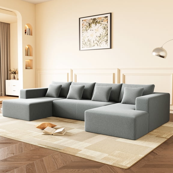 Corduroy U Shaped Sectional, Spacious Comfortable Couch For Living Room, Modern Gray Look, Foam Cushions Sectional , Seating Space, Cushions,