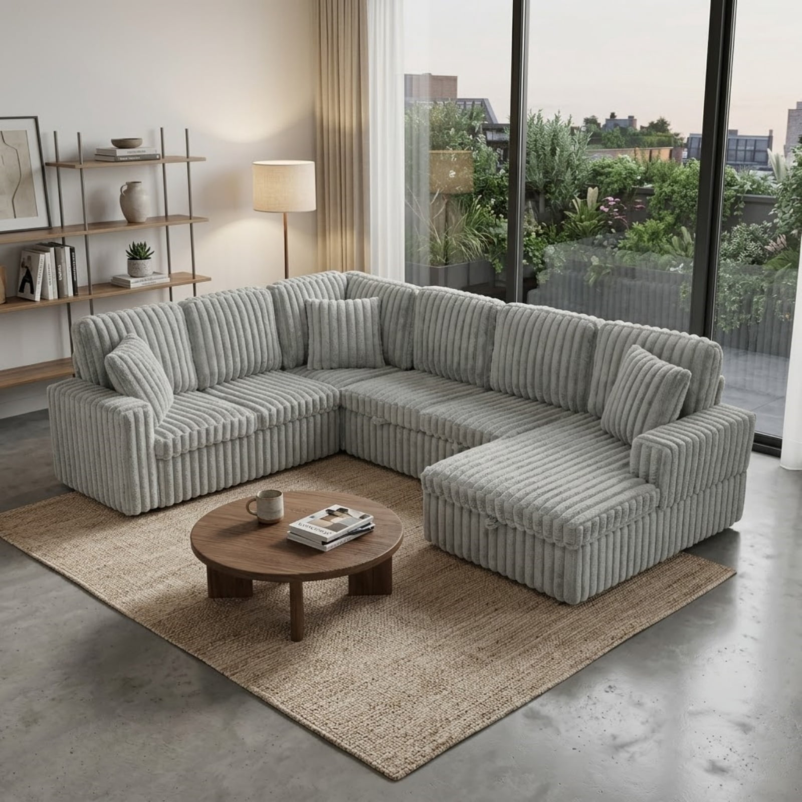 Corduroy U-shaped Sectional Sofa, Modern Minimalist Modular Couch with Pull-Out Sleeper Bed and Storage Chaise, Soft Fabric Convertible Sofa for Living Room, Apartment