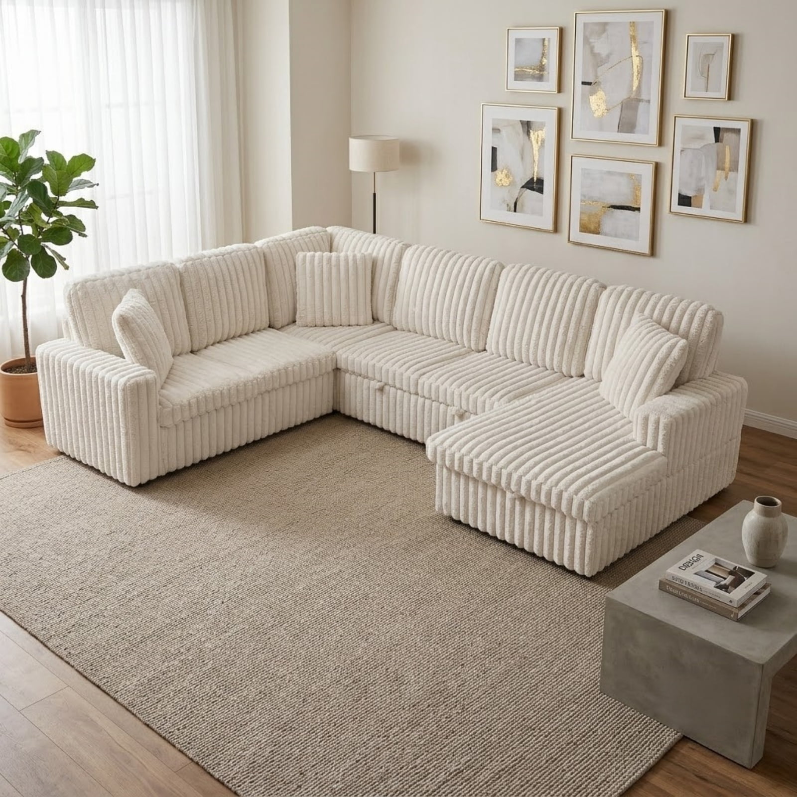Corduroy U-shaped Sectional Sofa, Modern Minimalist Modular Couch with Pull-Out Sleeper Bed and Storage Chaise, Soft Fabric Convertible Sofa for Living Room, Apartment