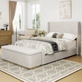 thumbnail image 1 of Corduroy Upholstered Bed Frame with Vertical Stripe Wingback Headboard and High Footboard, 130L Storage Ottoman, Queen Size, Light Grey, 1 of 15
