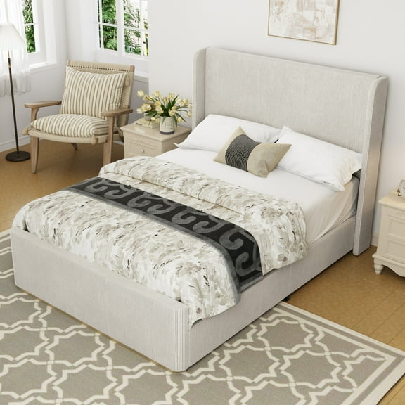 Corduroy Upholstered Bed Frame with Vertical Stripe Wingback Headboard and High Footboard, King Size, Light Grey