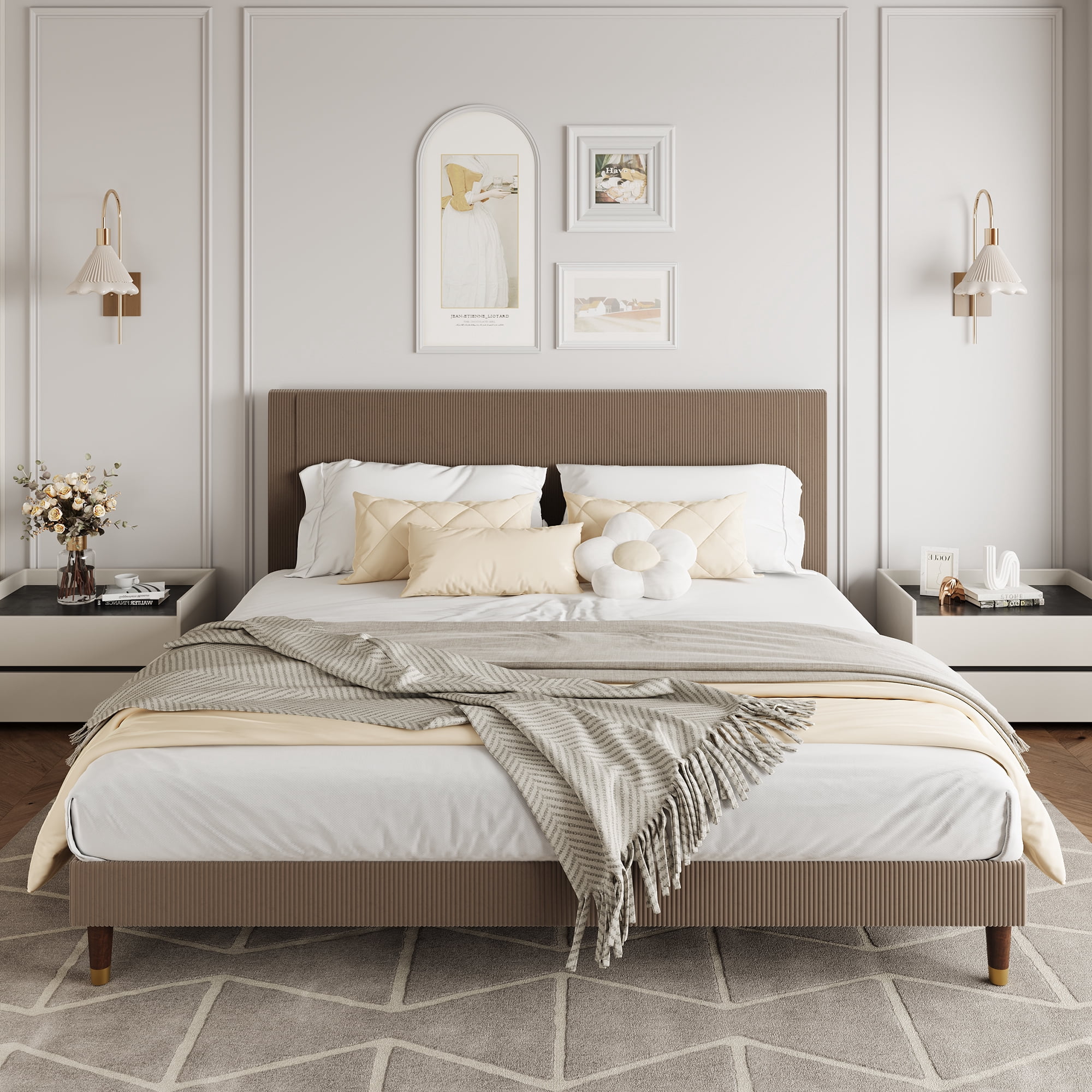 Corduroy Upholstered Platform Bed Frame with Headboard - Noise-Free, Wood Slat Support, Low Profile, King Size, Easy Assembly